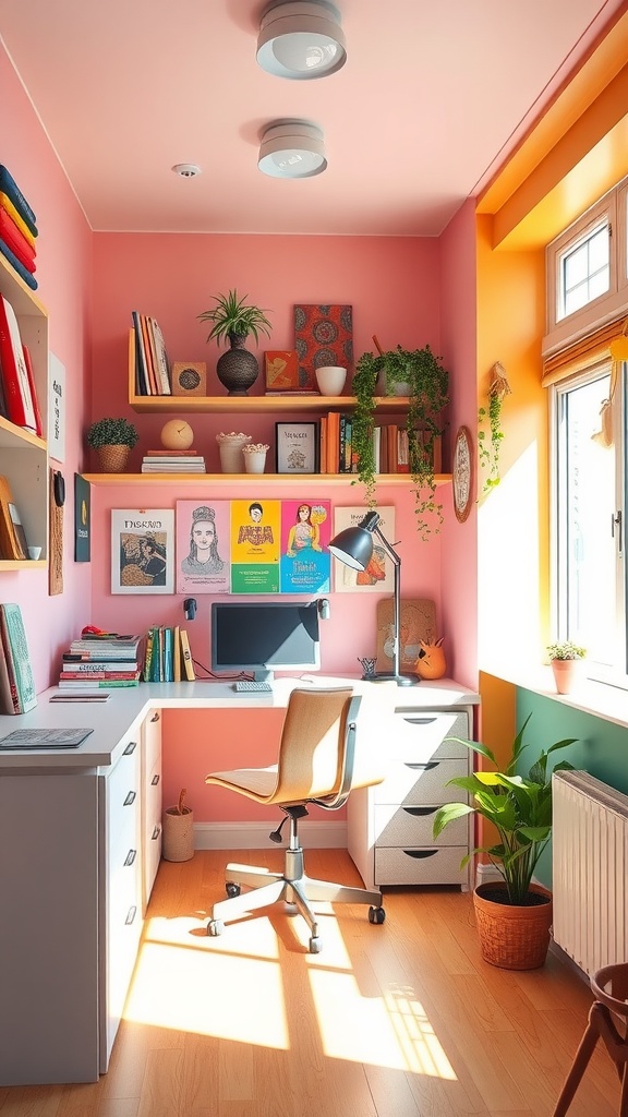 A colorful Tiny Home Office with pink walls, orange accents, a desk, and shelving filled with books and decor.