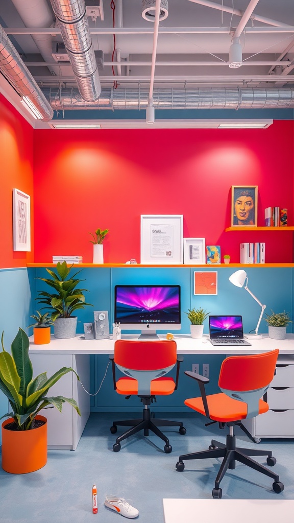 A bright and modern workspace featuring red and blue walls, organized desk with computers, plants, and orange chairs.
