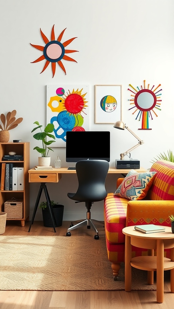 A bright home office with a colorful couch, artistic wall decor, and a stylish desk.