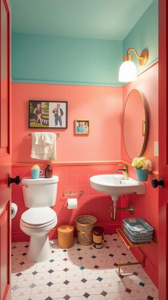 A bright coral powder room featuring a blue ceiling, modern fixtures, and decorative elements.