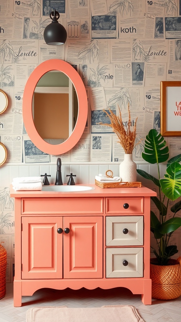 A bright coral bathroom vanity with black fixtures and a round mirror against a patterned wall.