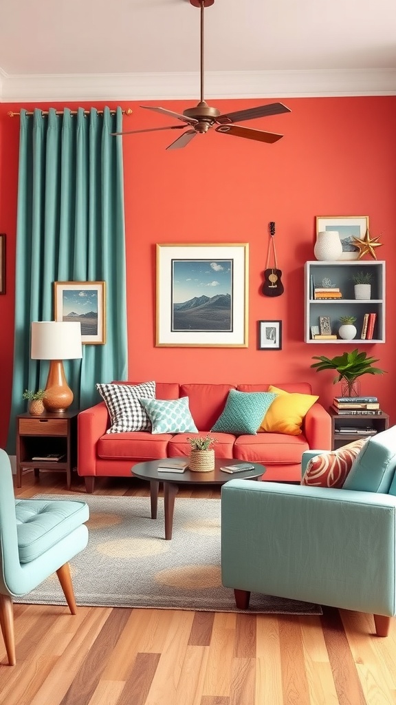 A lively living room featuring bright coral walls, teal accents, and cozy furniture.
