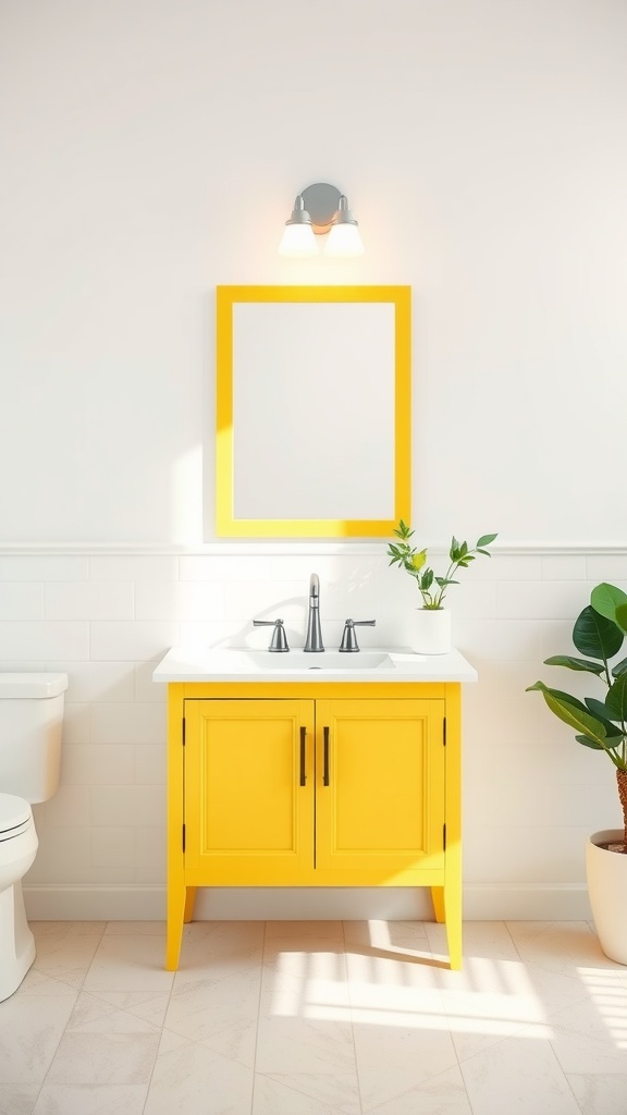 A bright lemon yellow bathroom vanity with a white countertop, a round mirror with a yellow frame, and a potted plant beside it.