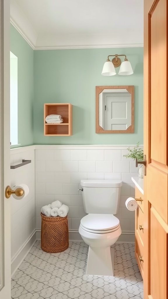 A bright mint green bathroom with white tiles, wooden shelves, and a mirror.