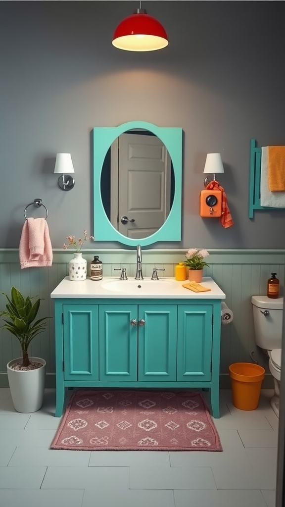 Bright mint green bathroom vanity with accessories