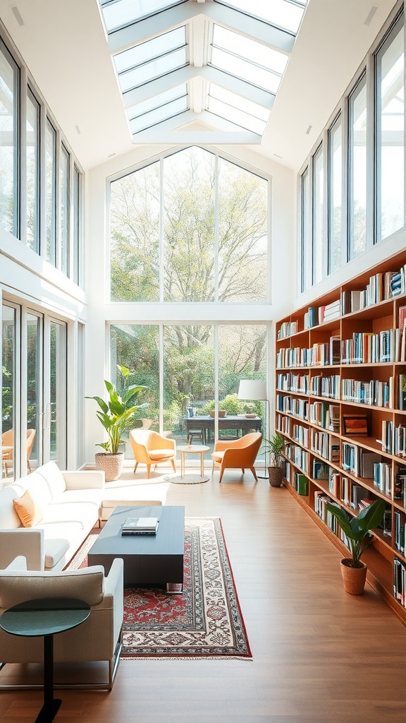 A bright modern library with floor-to-ceiling windows, cozy seating, and bookshelves.