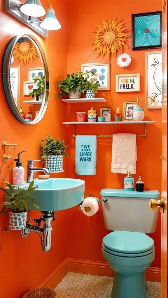 A bright bathroom with orange walls and teal fixtures, featuring a bathtub, sink, and playful decor.