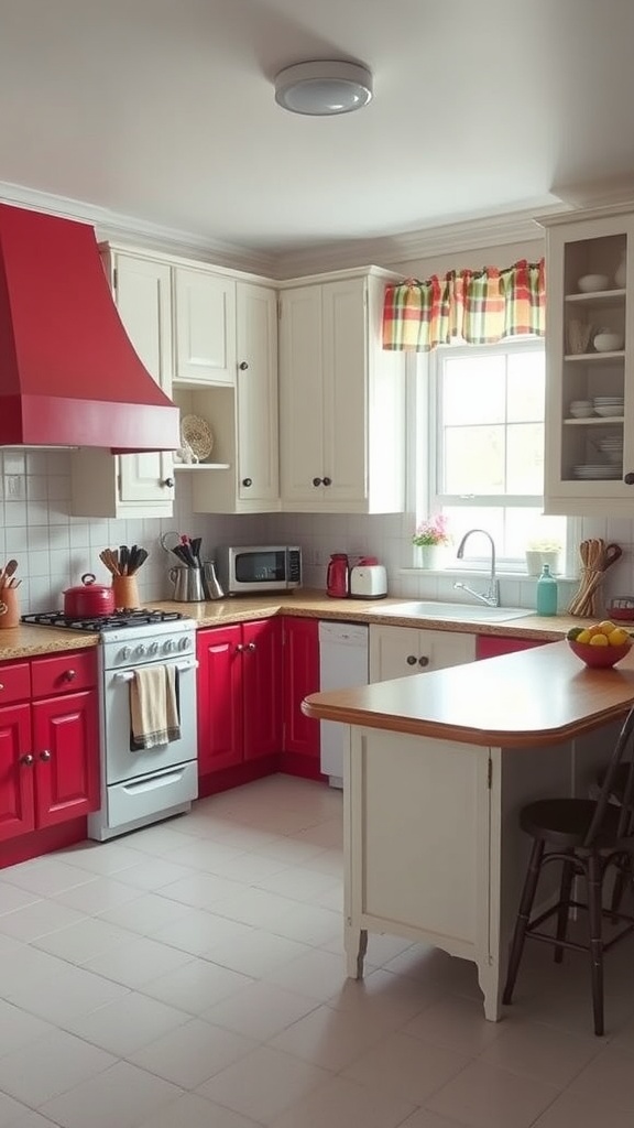 A bright red and white cottage style kitchen featuring two-toned kitchen cabinets.