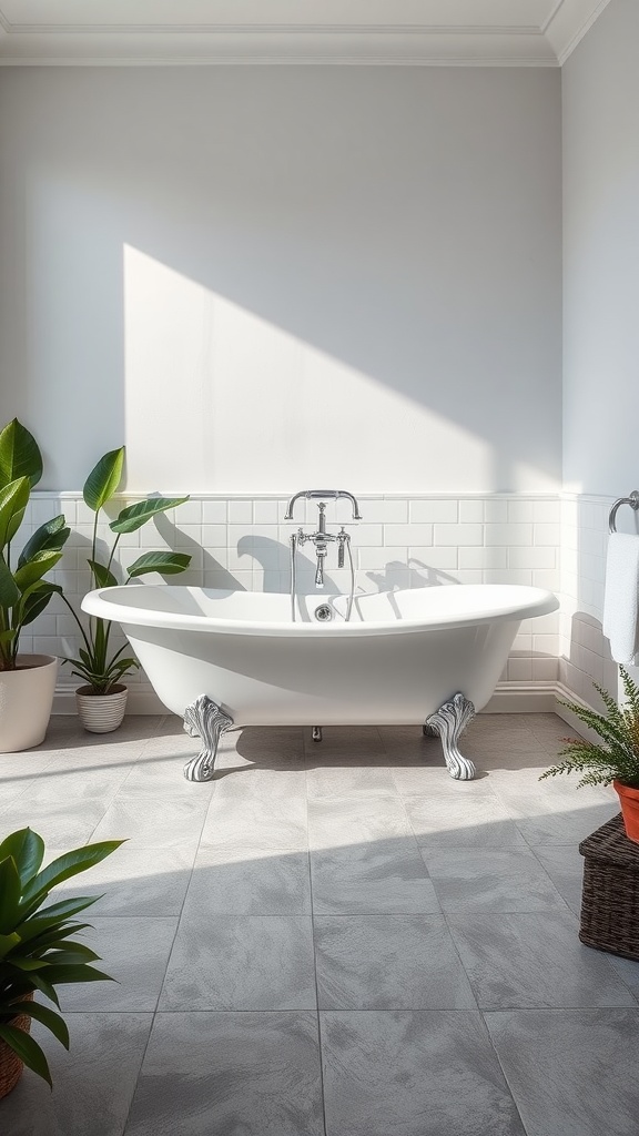 Bright white clawfoot tub in a gray and white bathroom with green plants