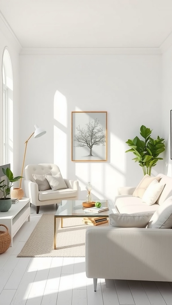 A bright white living room with natural light, featuring a comfortable sofa, armchair, and decorative plants.