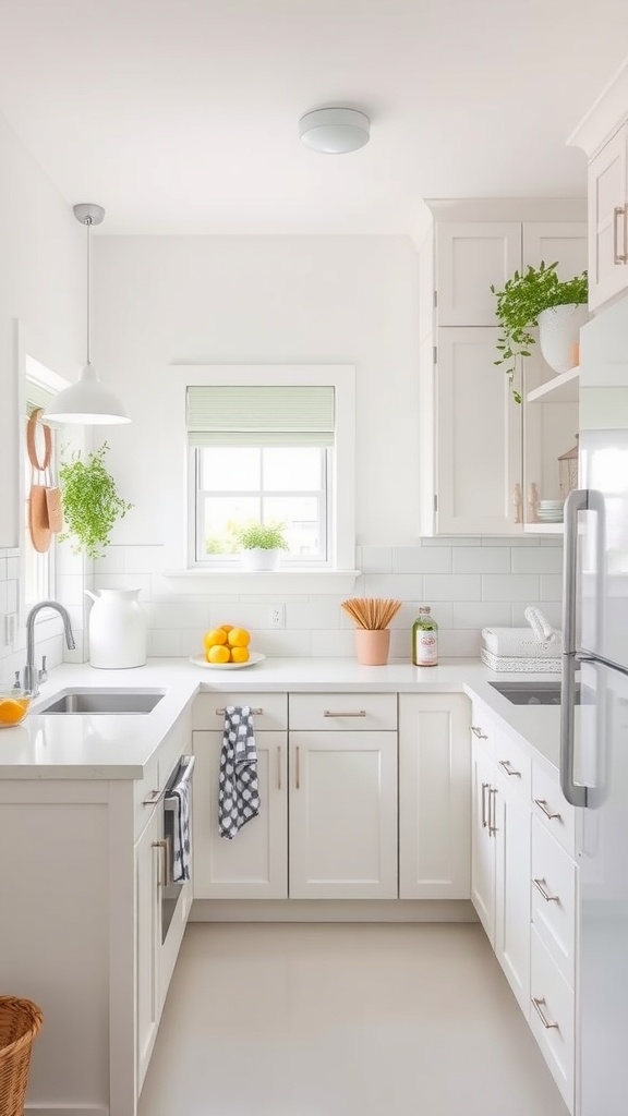 A bright and airy small kitchen featuring white cabinets and soft green accents.