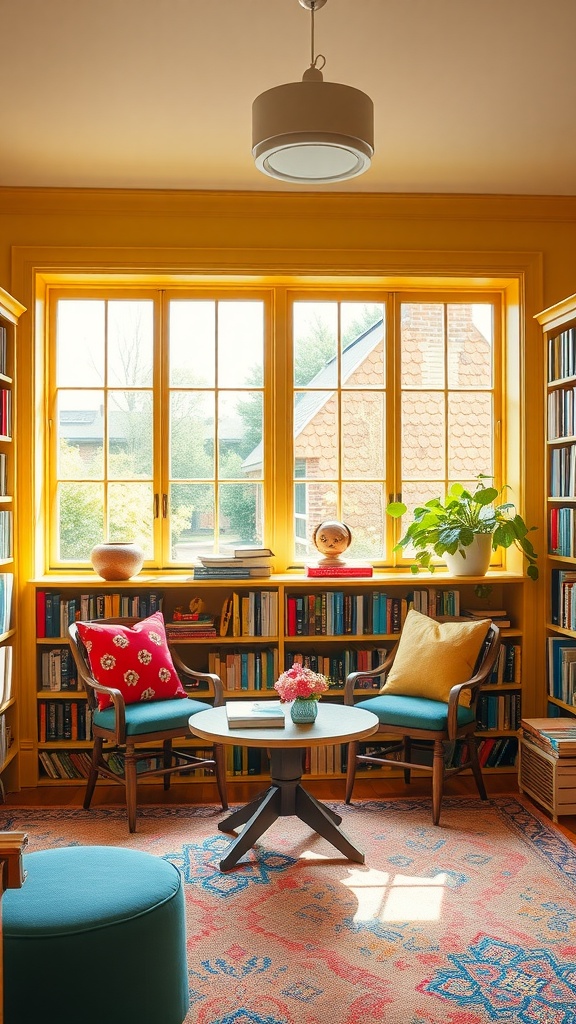 A vibrant home library featuring colorful cushions on window seats, surrounded by bookshelves and a cozy atmosphere.