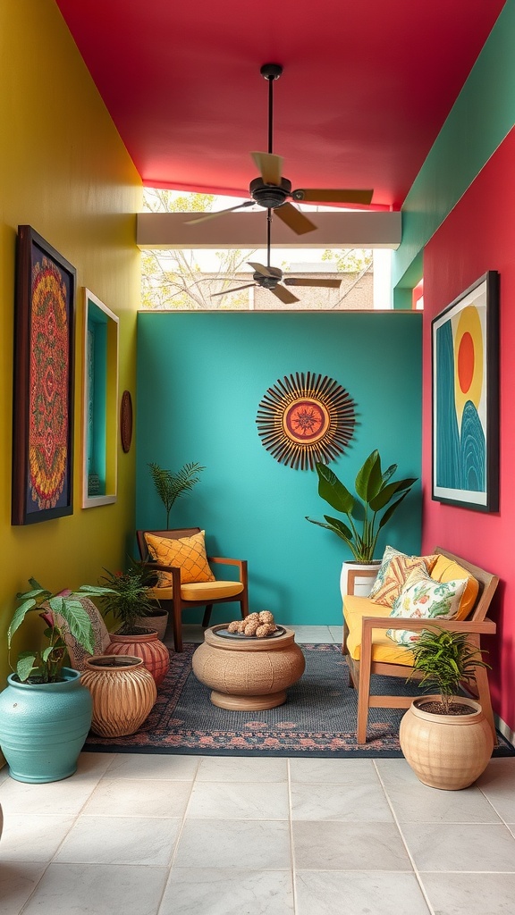 A brightly colored Boho back porch with yellow, teal, and red walls, featuring plants, wooden furniture, and vibrant decor.