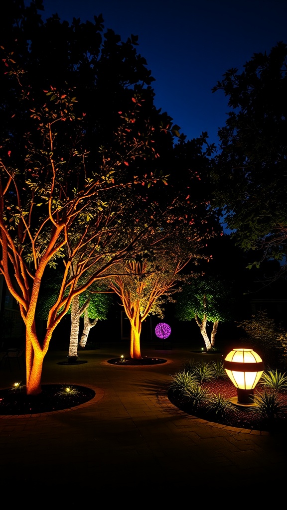 Beautifully lit trees and outdoor space with warm solar uplighting at night