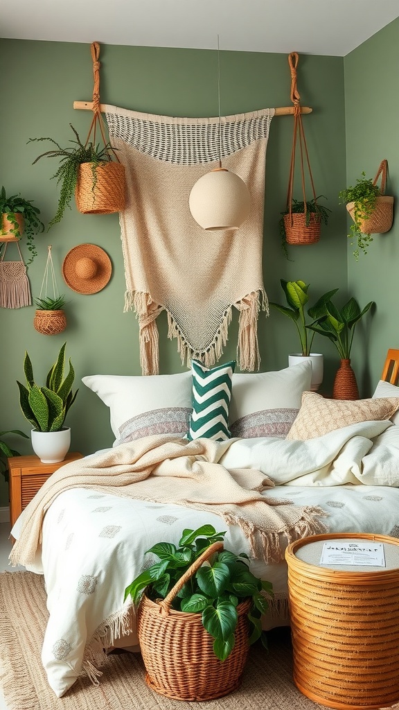 A stylish sage green boho style bedroom featuring a bed with textured bedding, hanging plants, and a cozy atmosphere.