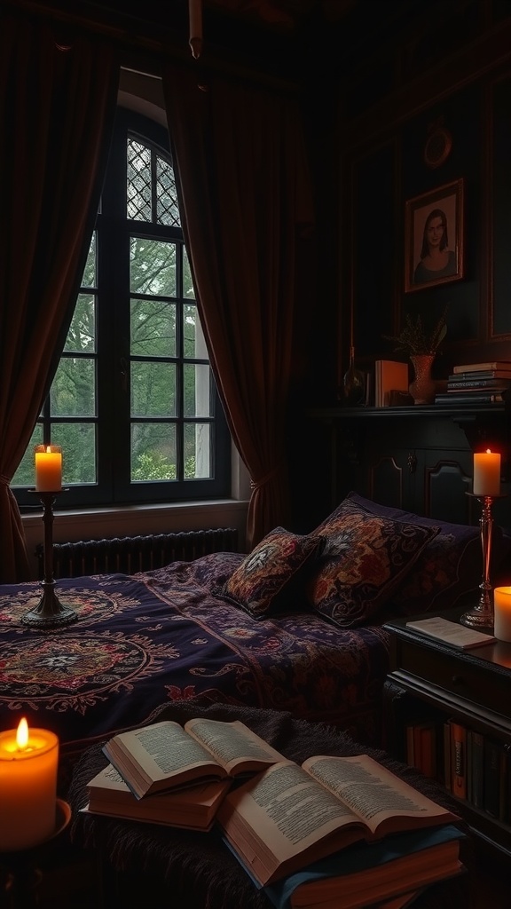Cozy dark academia bedroom with ornate textiles, open books, and flickering candles.
