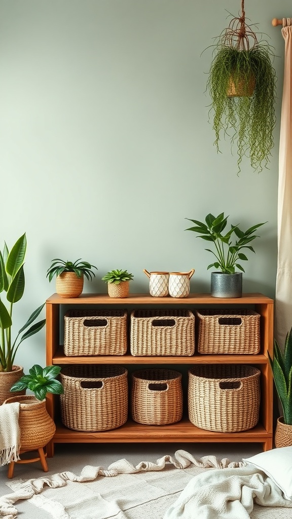 A wooden shelf with woven baskets and plants in a sage green bedroom