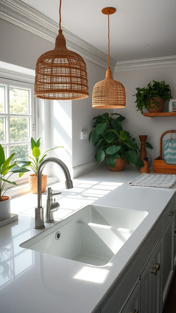 A kitchen with woven wood pendant lights above a sink, surrounded by greenery.