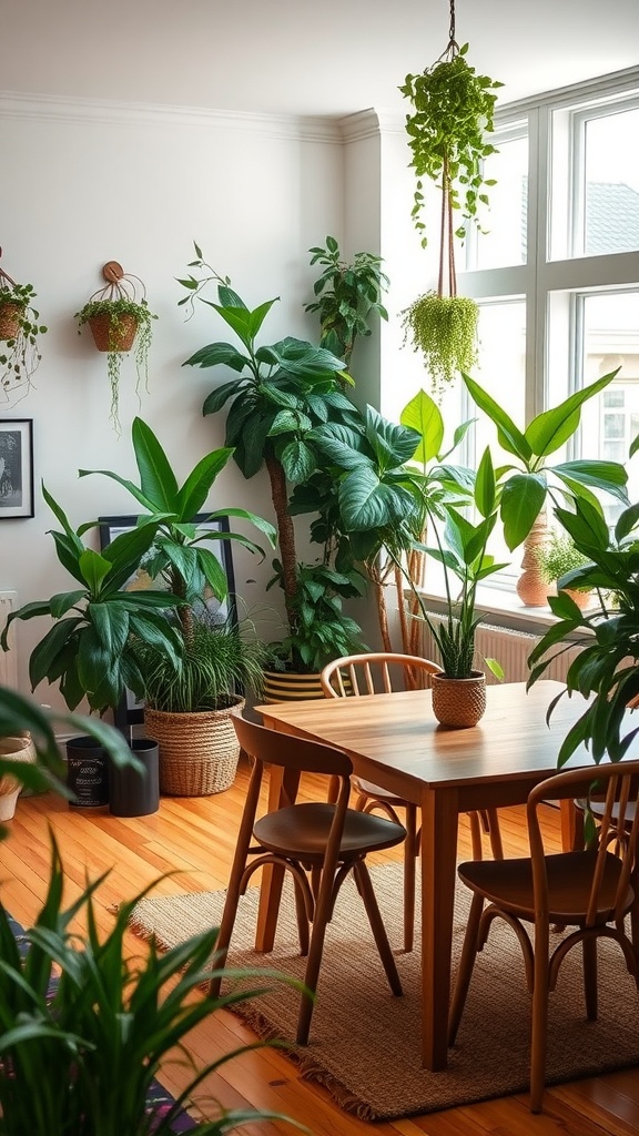 Cozy living dining room combo with various indoor plants and a wooden table.