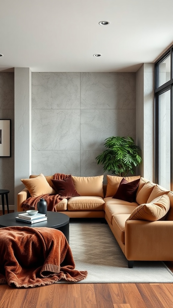 A modern living room featuring a concrete wall, a warm-toned sectional sofa, a round coffee table, and a small indoor plant.