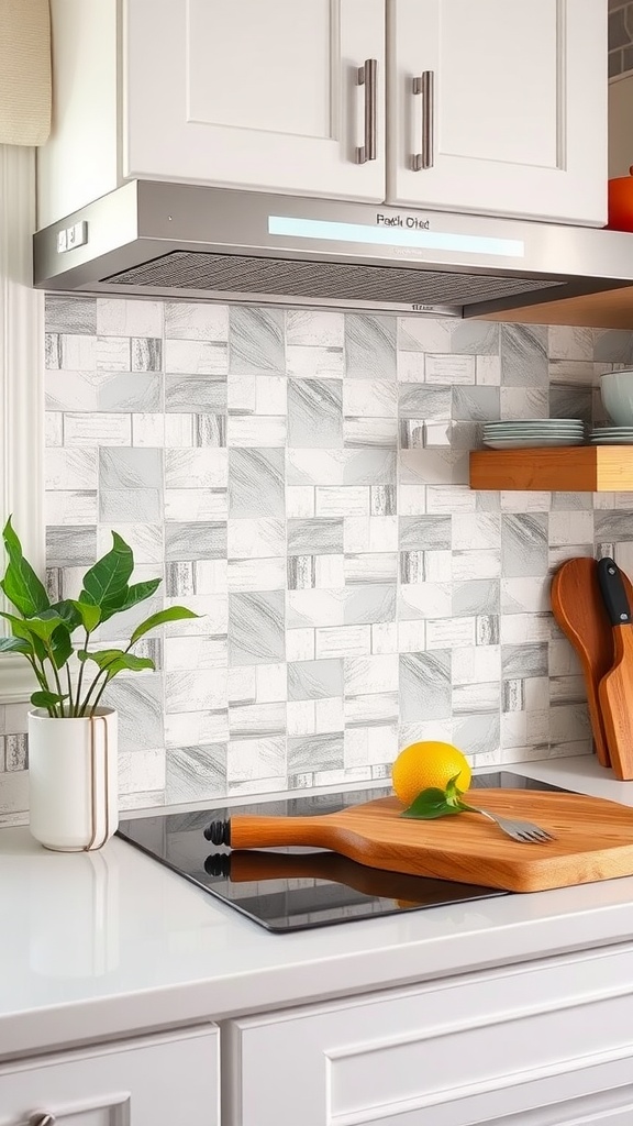 A modern kitchen with a stylish backsplash, featuring warm-toned tiles and light cabinetry.