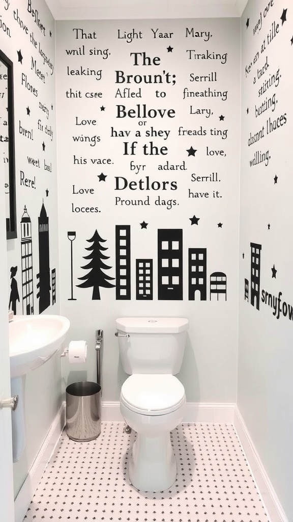 A bathroom with black DIY wall decals featuring text and cityscape designs on light walls.