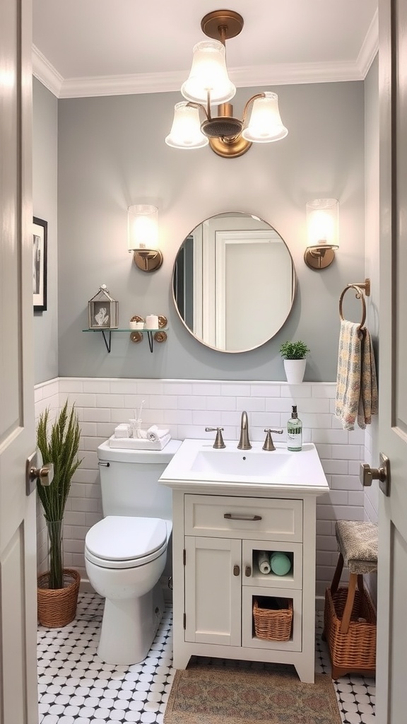 A beautifully redesigned powder room featuring light gray walls, a white vanity, circular mirror, and stylish light fixtures.