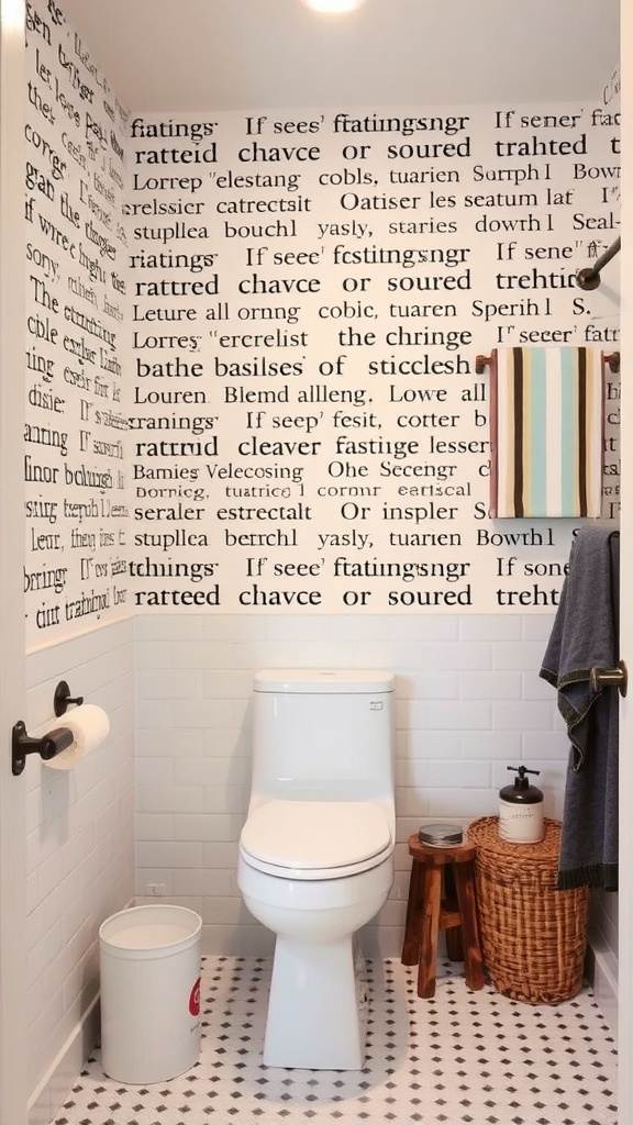 A modern bathroom featuring a wall with text-based design, white toilet, and decorative elements.