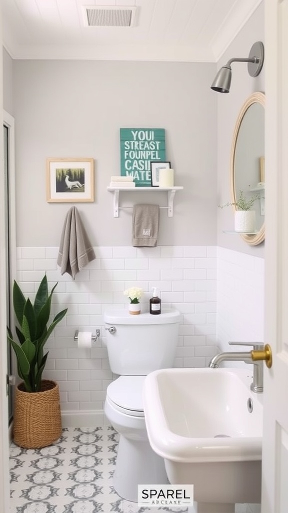 A stylish budget-friendly bathroom featuring gray walls, white tiles, and modern decor.