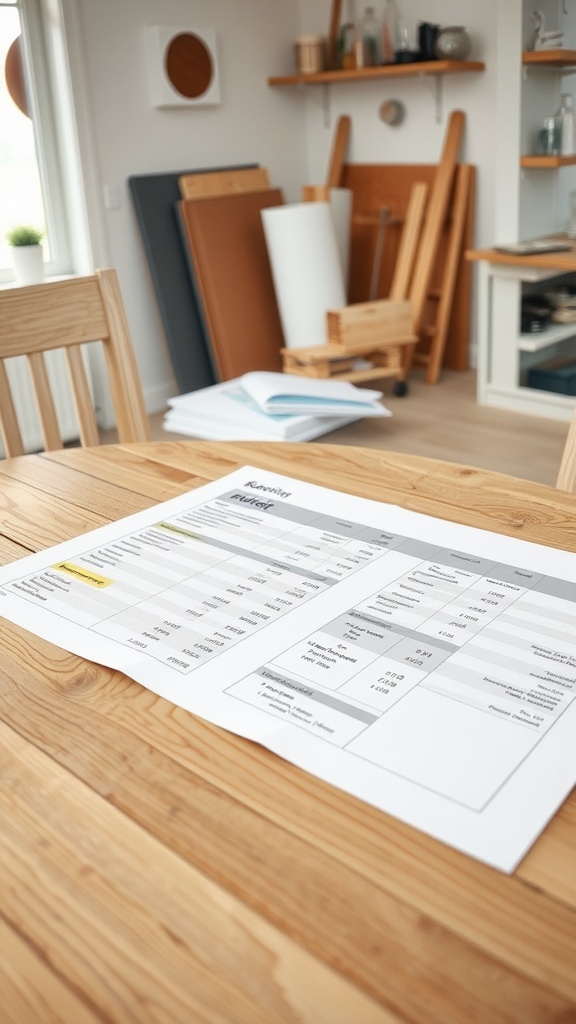 A detailed budget sheet for a kitchen renovation displayed on a wooden table, with various costs and estimates outlined.