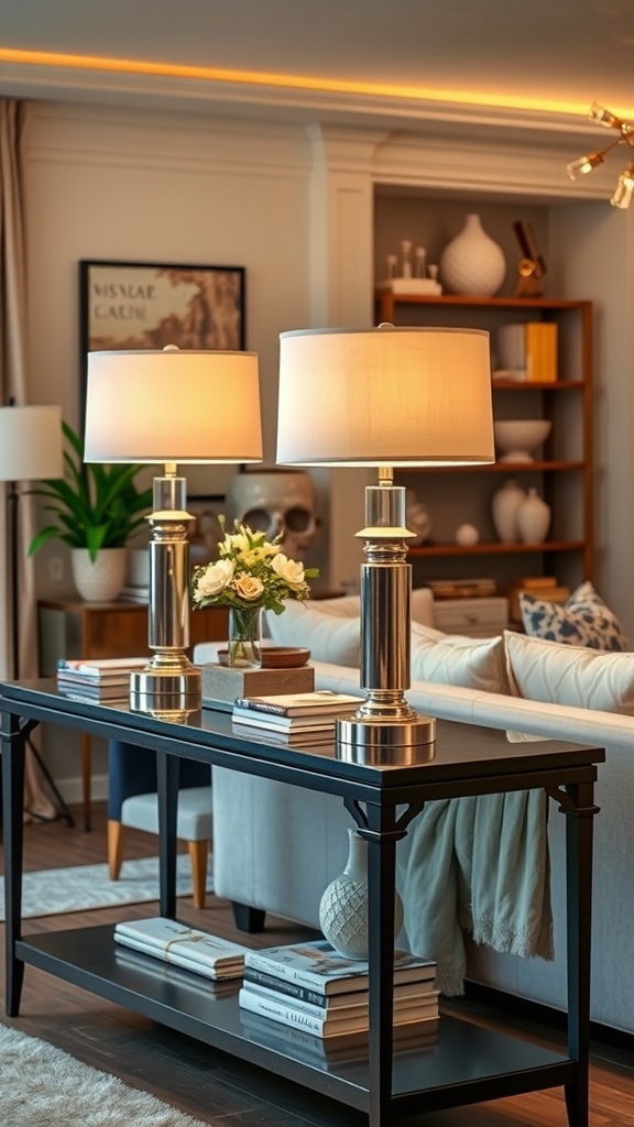Buffet lamps on a console table with flowers and books in a cozy living room setting.