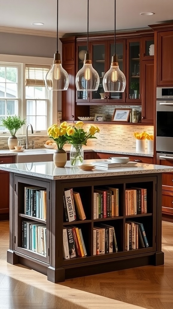 A modern kitchen peninsula with built-in storage for cookbooks.