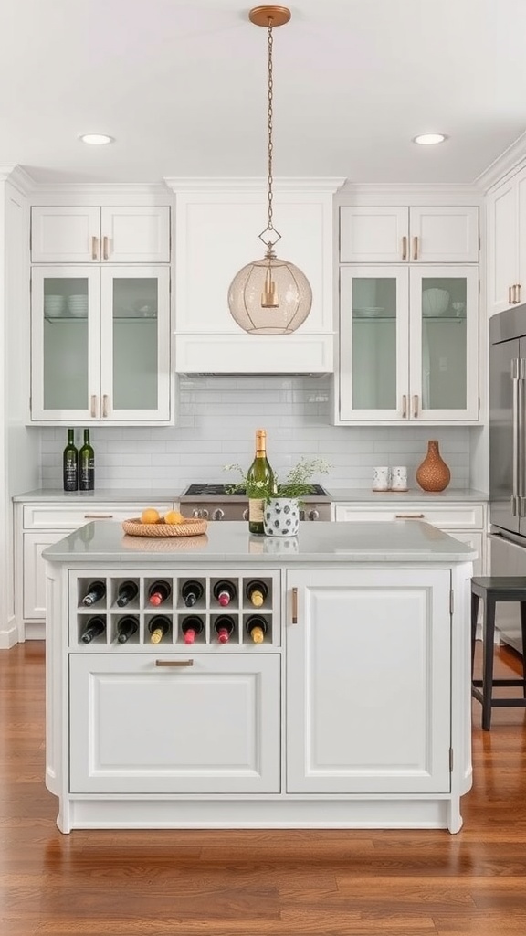 Kitchen peninsula with built-in wine storage, featuring a modern design