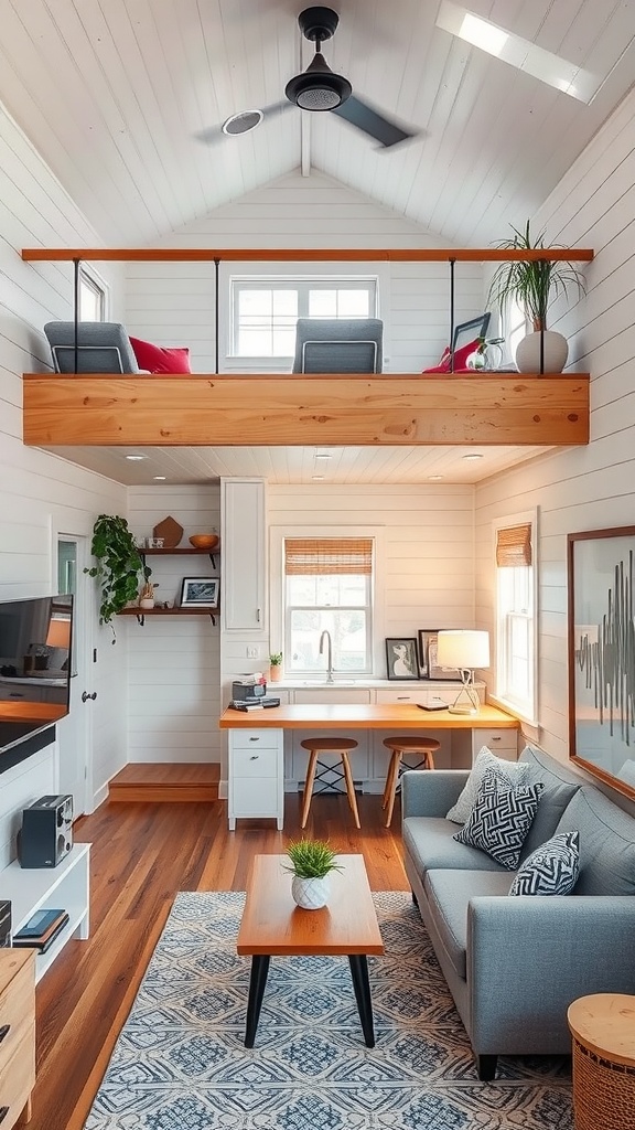 Cozy loft office space above a living area in a tiny home