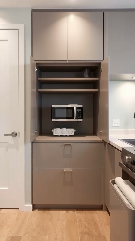 A modern built-in appliance garage with a microwave and shelves