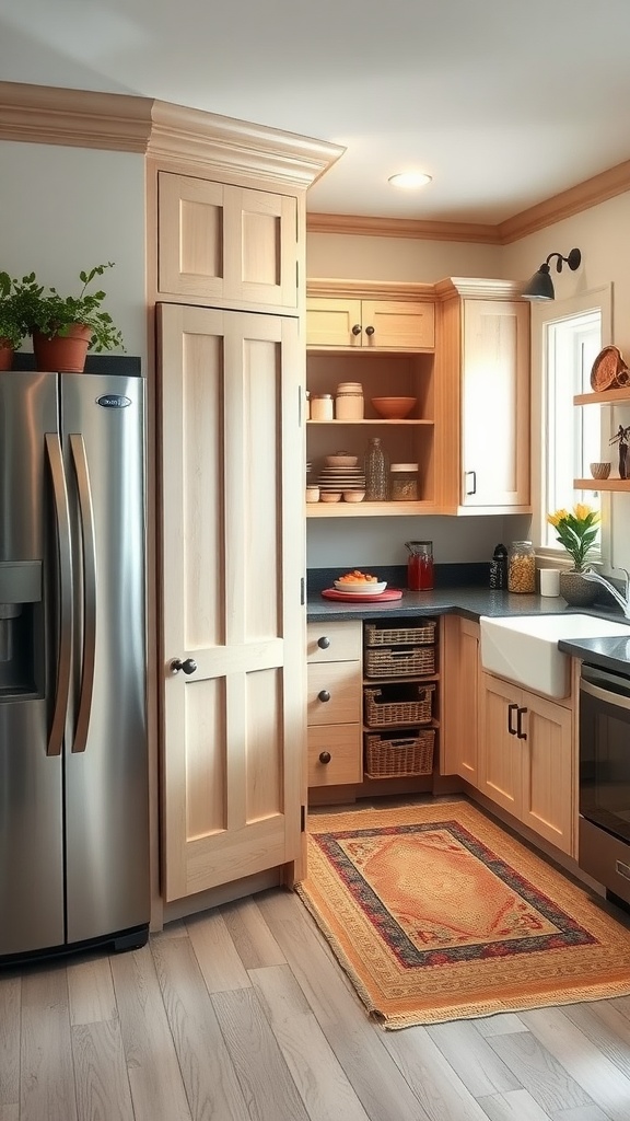 Cozy farmhouse kitchen with built-in pantry cabinets, showcasing wood cabinetry, open shelves, and a decorative rug.