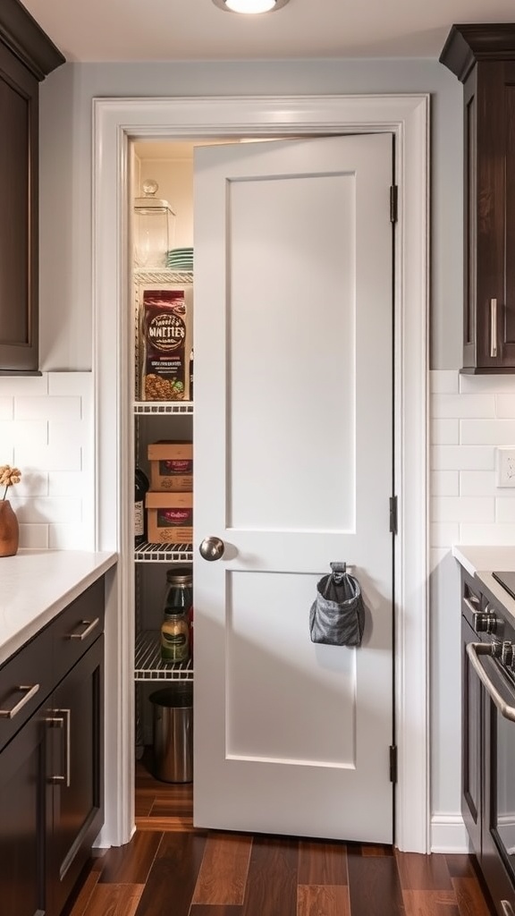 A pantry door labeled 'Pet Food' with shelves inside, showcasing a built-in pet food station.