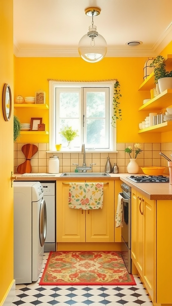 A cozy kitchen painted in buttercup yellow with bright decor.