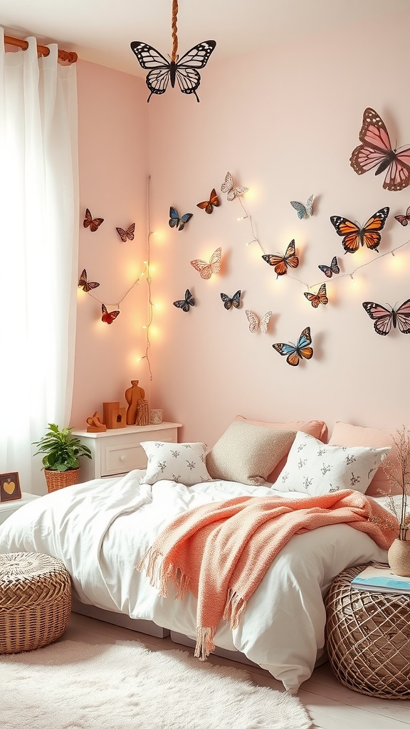 A charming toddler's bedroom with a butterfly theme featuring pink walls, cozy bedding, and decorative butterflies.