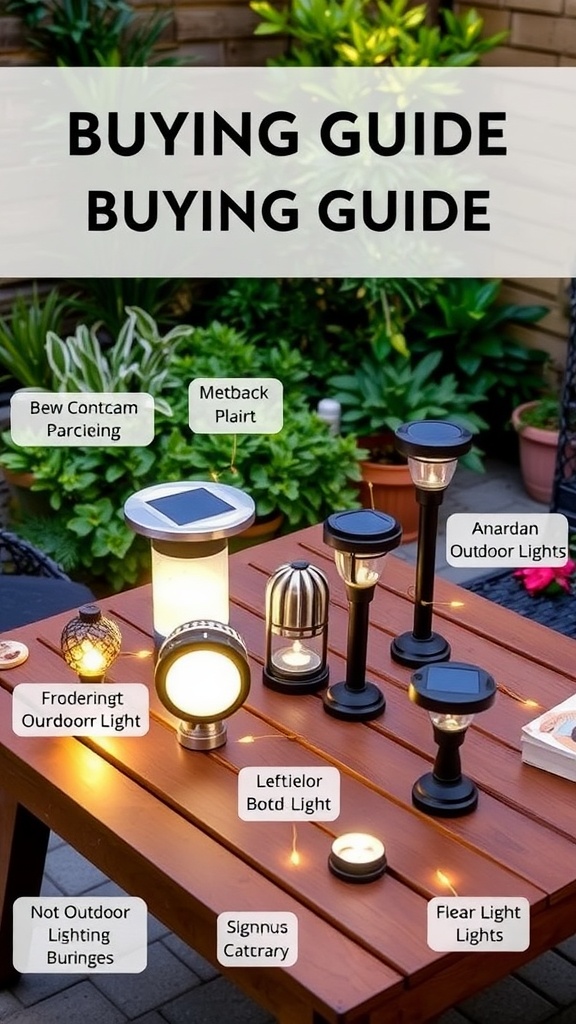 A variety of solar uplighting options displayed on a wooden table, featuring different styles and designs.