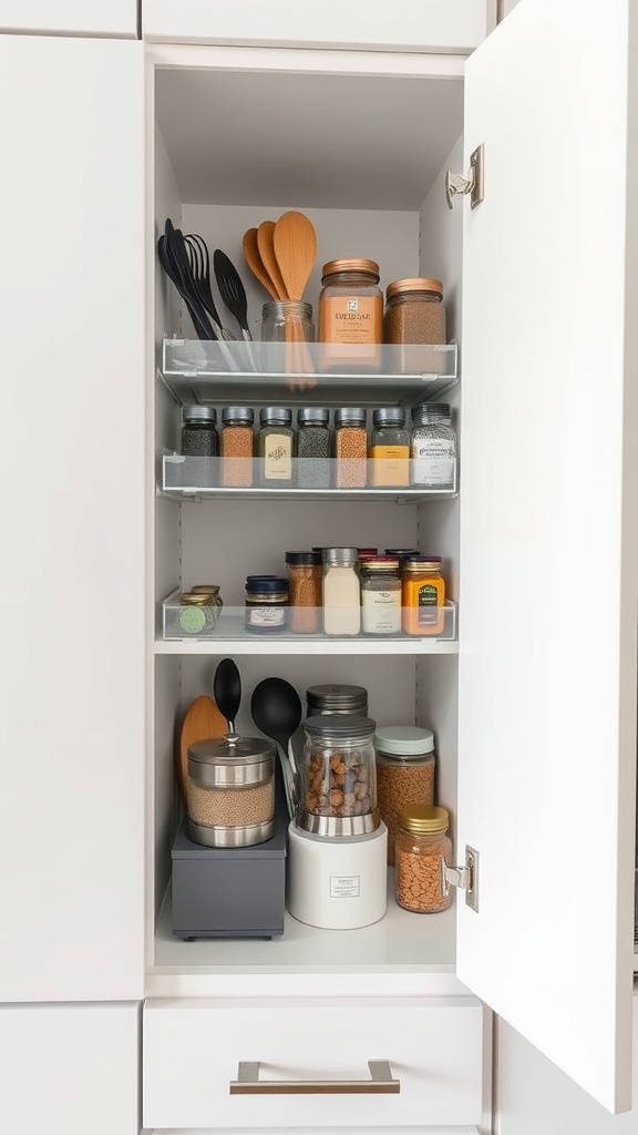 Organized kitchen cabinet with spices, utensils, and jars.