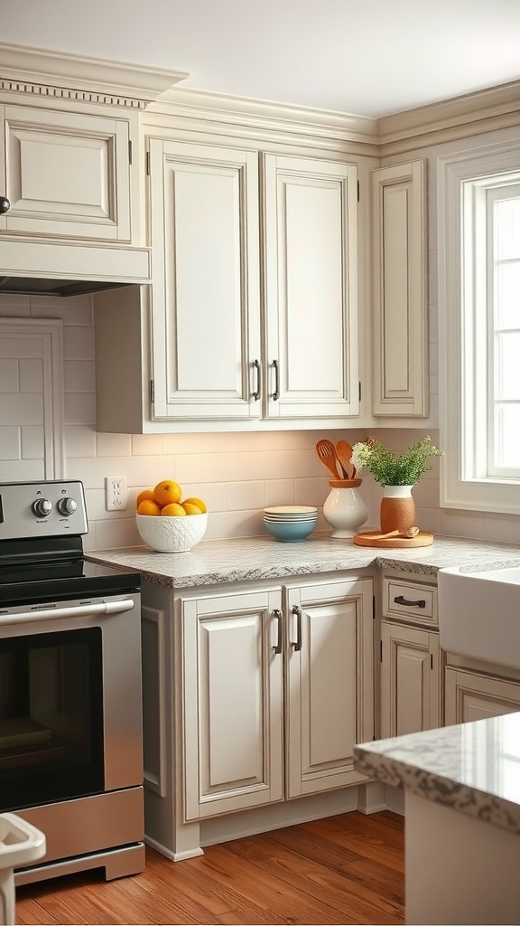 Farmhouse kitchen with cabinets featuring decorative molding, showcasing a warm and welcoming design.