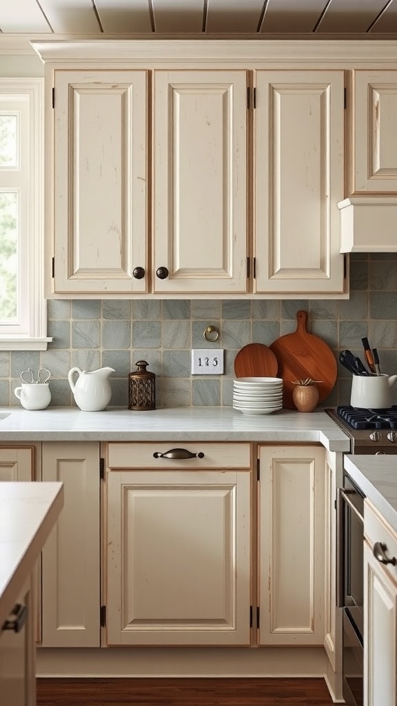A warm farmhouse kitchen featuring cabinets with vintage hardware, light-colored cabinetry, and a soft blue tiled backsplash.