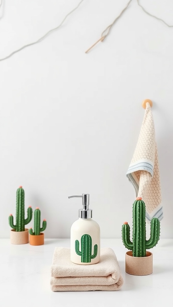 Cactus-inspired bathroom accessories including a soap dispenser and planters, with stacked towels.