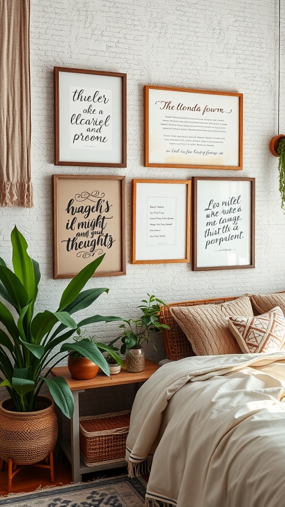 A wall featuring framed calligraphy art in a cozy bedroom, complemented by plants and warm decor.