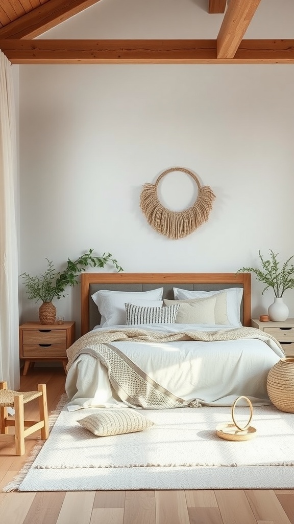 A cozy Scandi Boho bedroom with wooden beams, neutral bedding, and green plants.