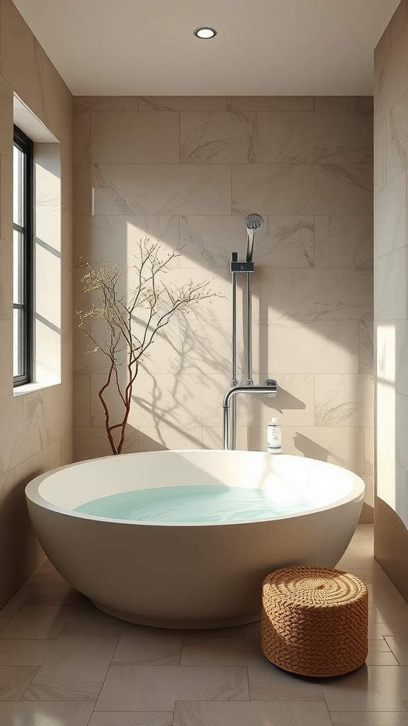 A modern bathroom with a sleek sink, natural elements, and soft lighting.