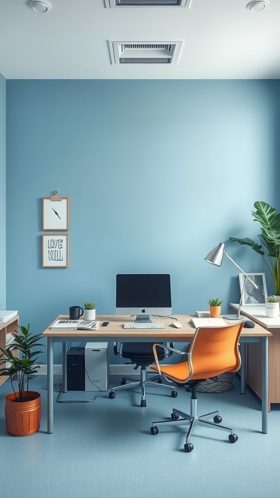 Small office interior with calming blue tones, featuring a desk, computer, and plants.