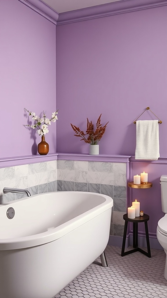 A calming bathroom featuring lavender walls, gray accents, and soft decor elements.