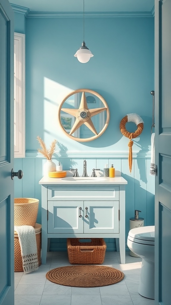 Bright bathroom with sky blue walls and matching vanity, showcasing a soothing atmosphere